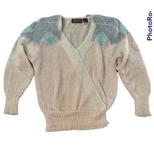 VTG 80s Ginenne Sweater Womens L Angora Eggshell Pastel Diamond V Neck Wrap